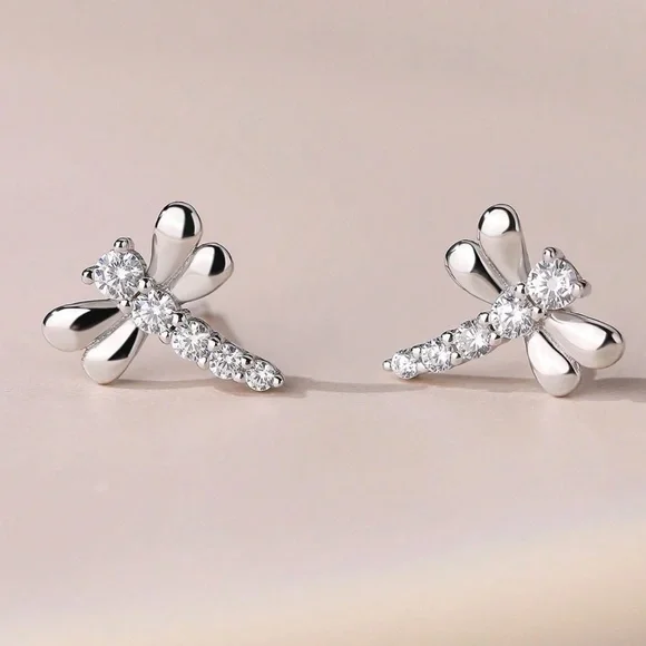925 Sterling Silver Rhinestone Dragonfly Stud Earrings - Picture 1 of 4